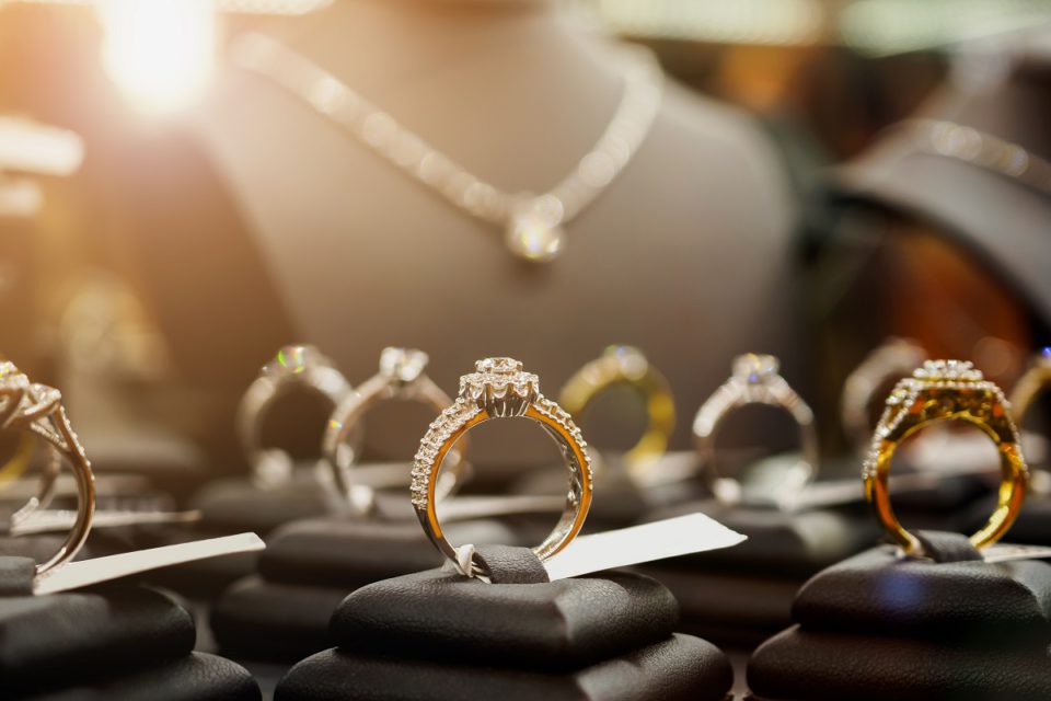 Jewelry diamond rings and necklaces show in luxury retail store